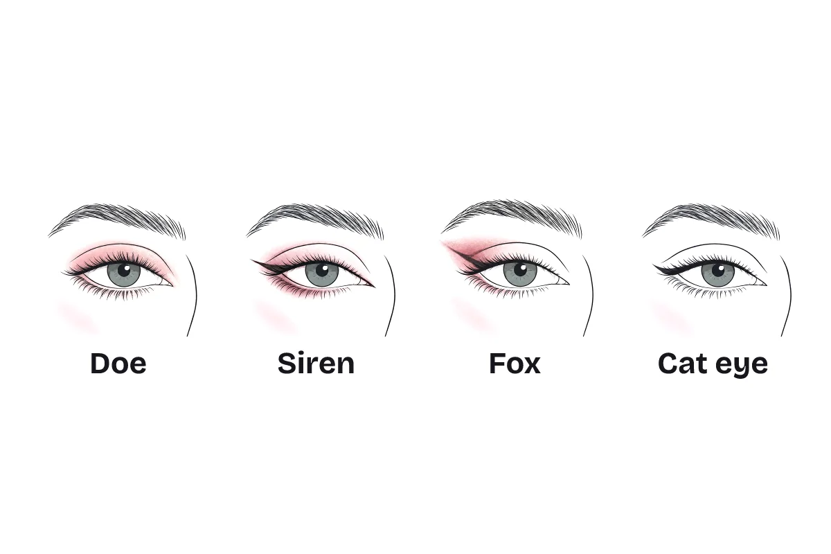 Four eyes side by side, labeled doe, siren, fox and cat eye, showing a round open eye, a long lifted eye, a sharply lifted eye and a classic winged liner look.