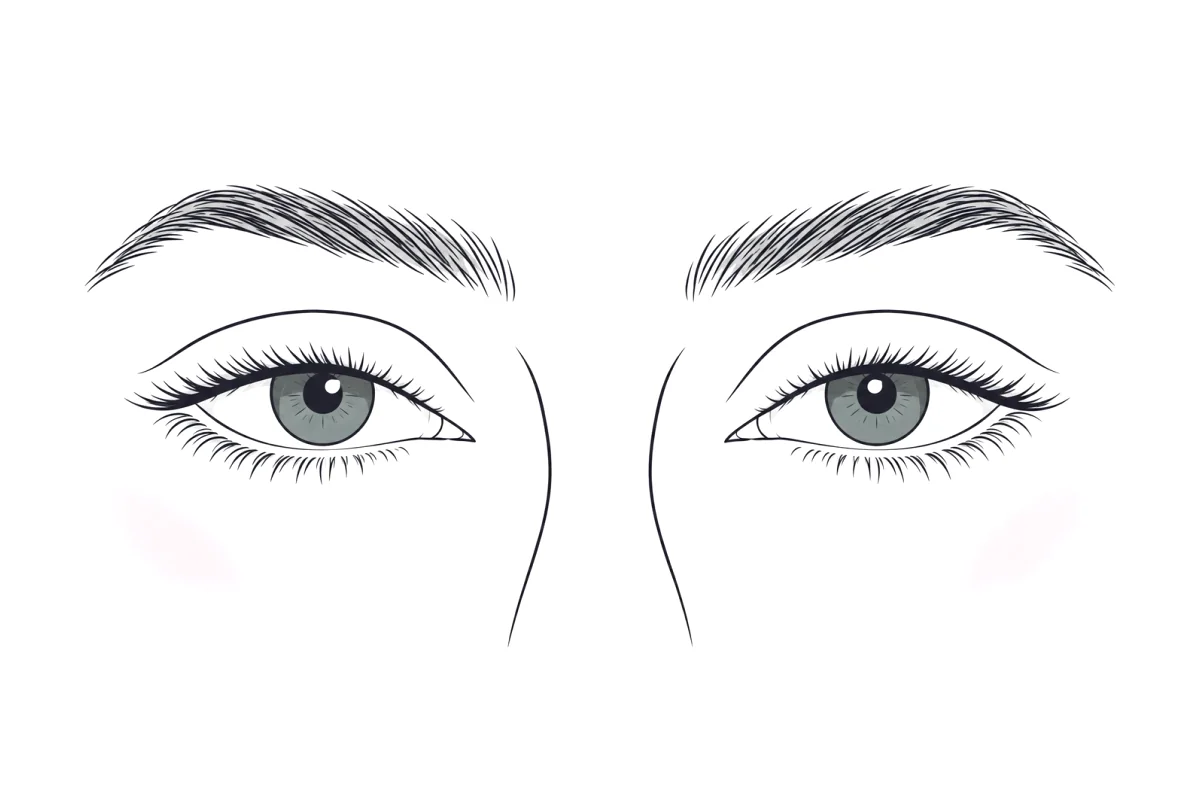 Line illustration of almond-shaped eyes and brows: longer than they are tall, with tapered corners, lids that slightly cover the top and bottom of the iris, and a visible crease.