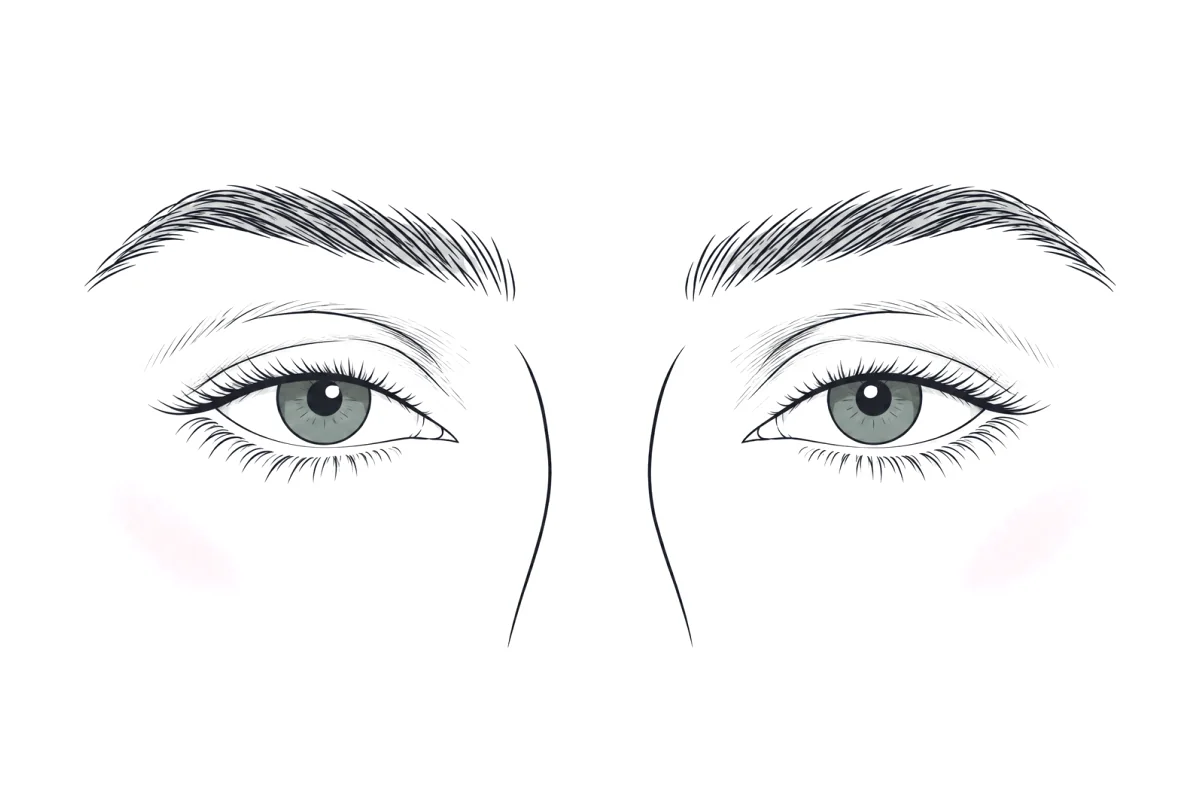 Line illustration of deep-set eyes: the eyes sit further back under a prominent brow bone, with a soft hollow between the brow and the lid.