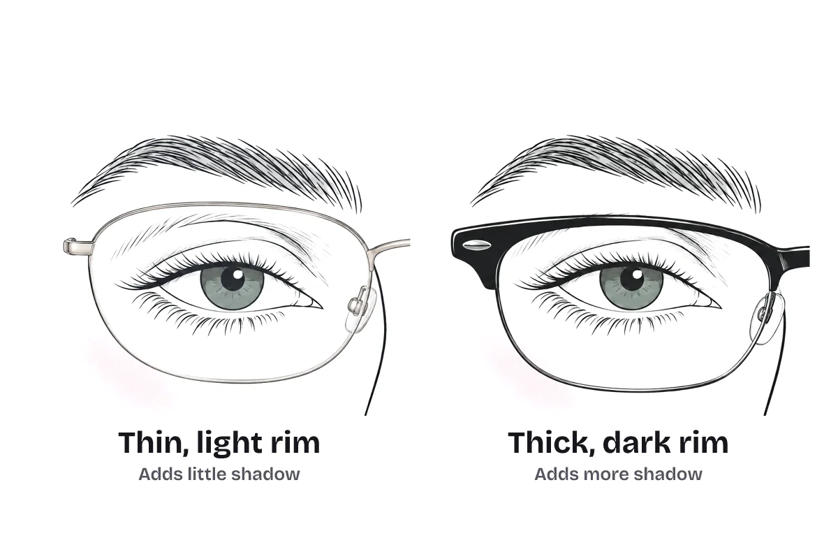 Two eyeglass frames on a deep-set eye, labeled: a thin, light rim that adds little shadow, and a thick, dark rim that adds more shadow.