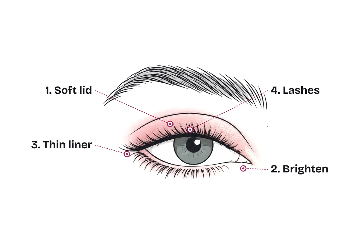 A finished doe eye look with the steps numbered: 1, a soft light lid; 2, brightened inner corner; 3, thin liner along the upper lashes; 4, lashes focused at the center.