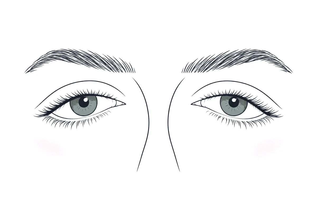 Line illustration of downturned eyes: on each eye the outer corner sits lower than the inner corner, and the upper lid slopes down toward the temple.