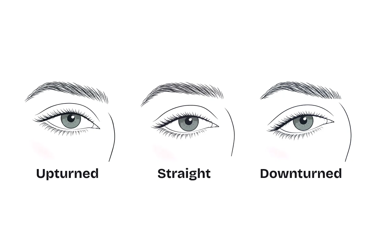 Three eyes side by side, labeled: upturned, with the outer corner higher than the inner corner; straight, with level corners; and downturned, with the outer corner lower.