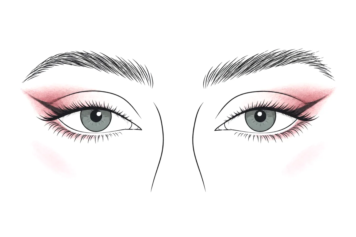 Line illustration of the fox eye makeup look: a long, straight wing that reaches toward the brow tail, rose shadow lifted at the outer corners, and brows brushed upward.