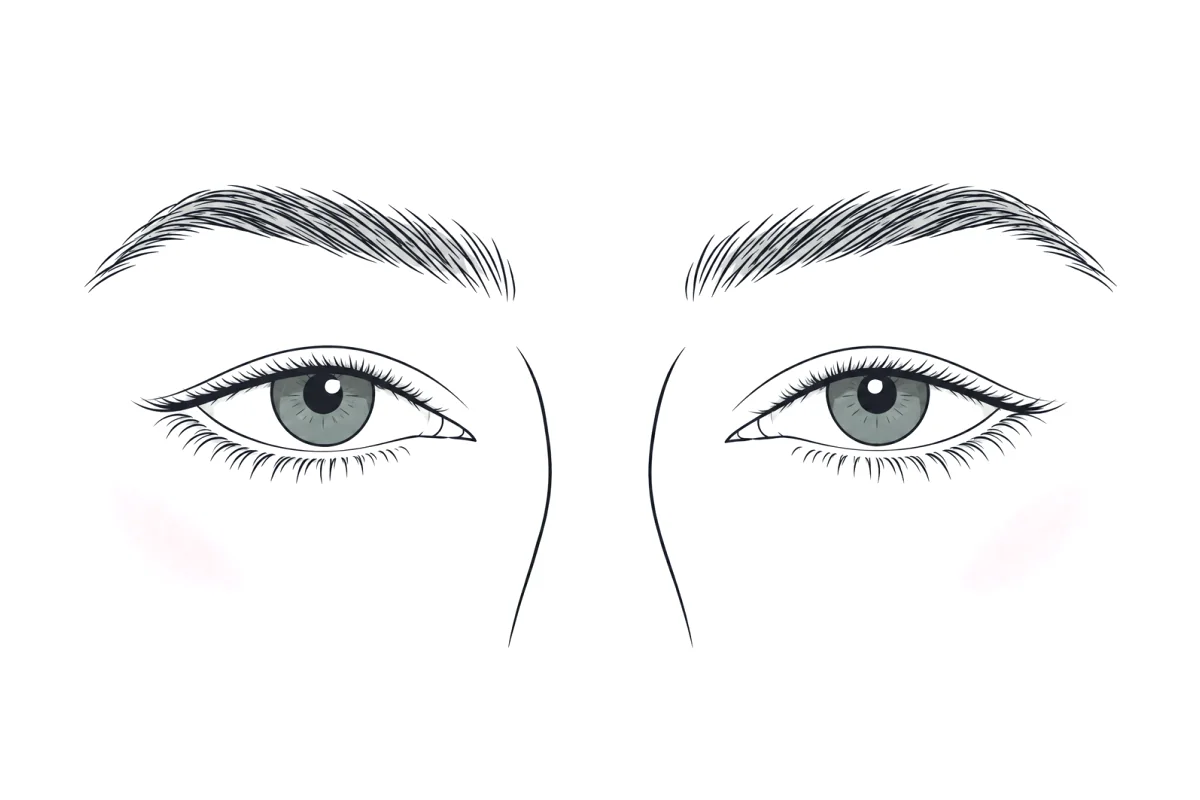 Line illustration of hooded eyes: a fold of skin below the brow sits low over the crease, leaving very little eyelid visible above the lashes.