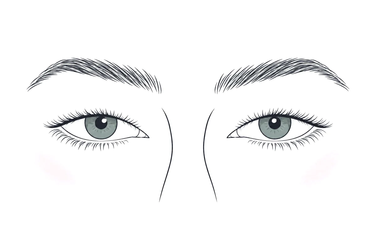 Line illustration of monolid eyes: a smooth upper lid with no crease line between the lashes and the brow.