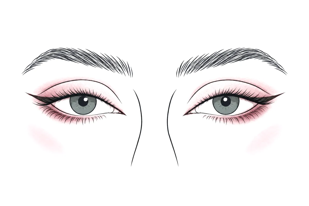 Line illustration of the siren eye makeup look: sleek liner that extends past the outer corner into a long, lifted wing, with rose shadow smudged along the outer lower lashes.