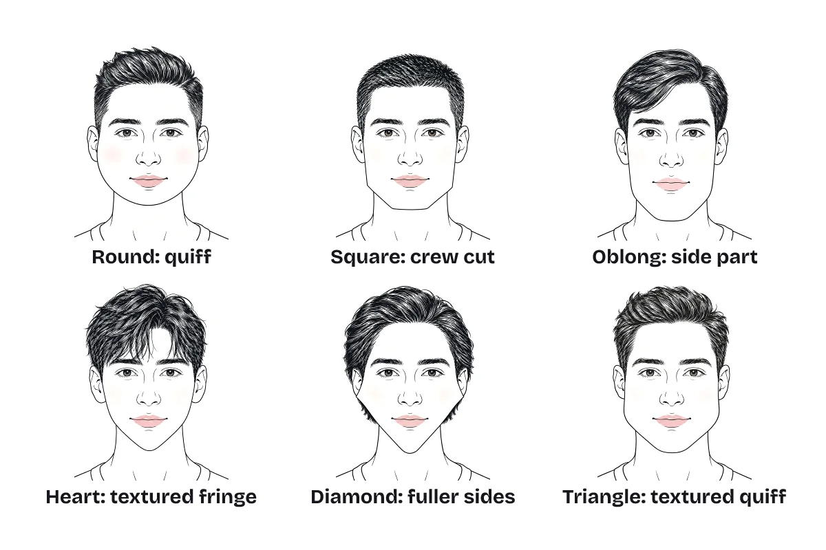 Six men drawn with the haircut that suits their face shape, labeled: round with a quiff, square with a crew cut, oblong with a side part, heart with a textured fringe, diamond with fuller sides, and triangle with a textured quiff.