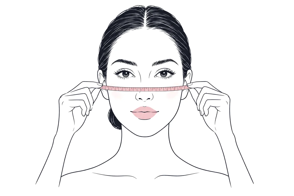 Line illustration of a woman holding a soft rose-colored tape measure straight across her face at cheekbone level, just below her eyes.