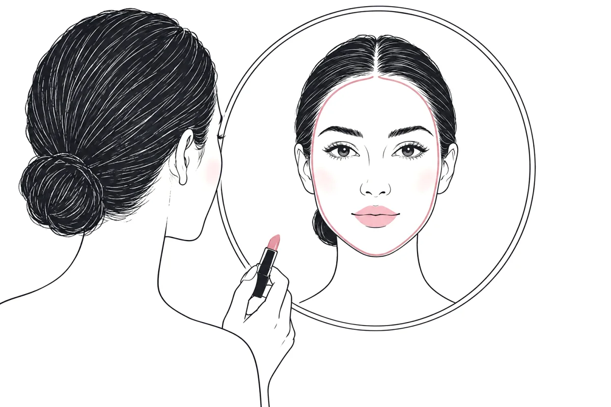 A woman with her hair in a bun, seen from behind, holding a lipstick in front of a round mirror; her reflection shows her face outline traced on the glass in a thin rose line.