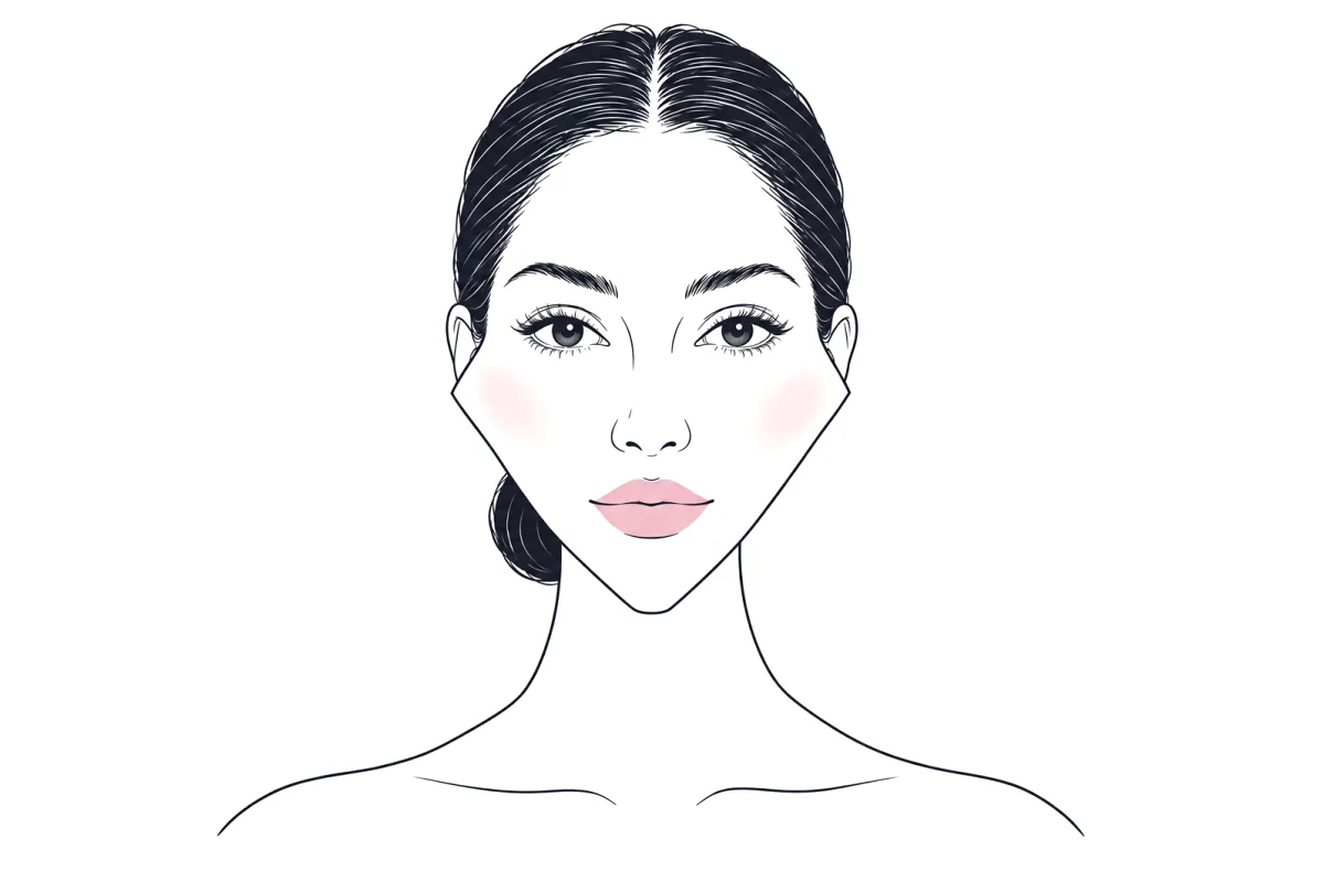 Line illustration of a woman with a diamond face, hair pulled back to show the outline: cheekbones as the clearly widest point, with a narrower forehead and a jaw that tapers to a narrow chin.