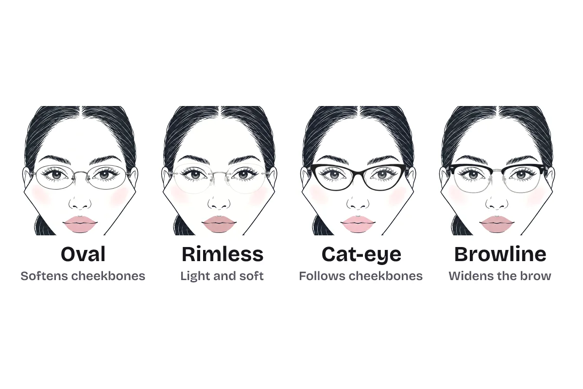 Four eyeglass frame shapes on the same diamond-faced woman, labeled: oval softens the cheekbones, rimless keeps it light, cat-eye follows the cheekbones, and browline widens the brow.