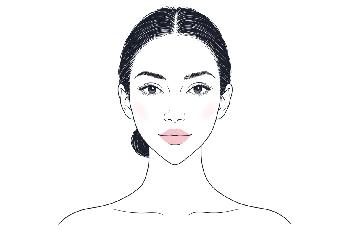 Line illustration of a woman with a heart-shaped face, hair pulled back to show the outline: widest at the forehead and temples, tapering to a narrow, slightly pointed chin.