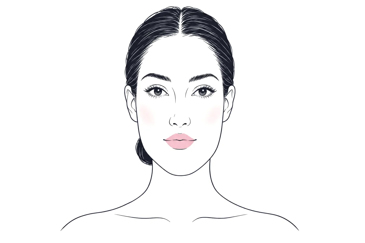 Line illustration of a woman with an oblong face, hair pulled back to show the outline: clearly longer than it is wide, with forehead, cheekbones and jaw of similar width so the sides look straight.