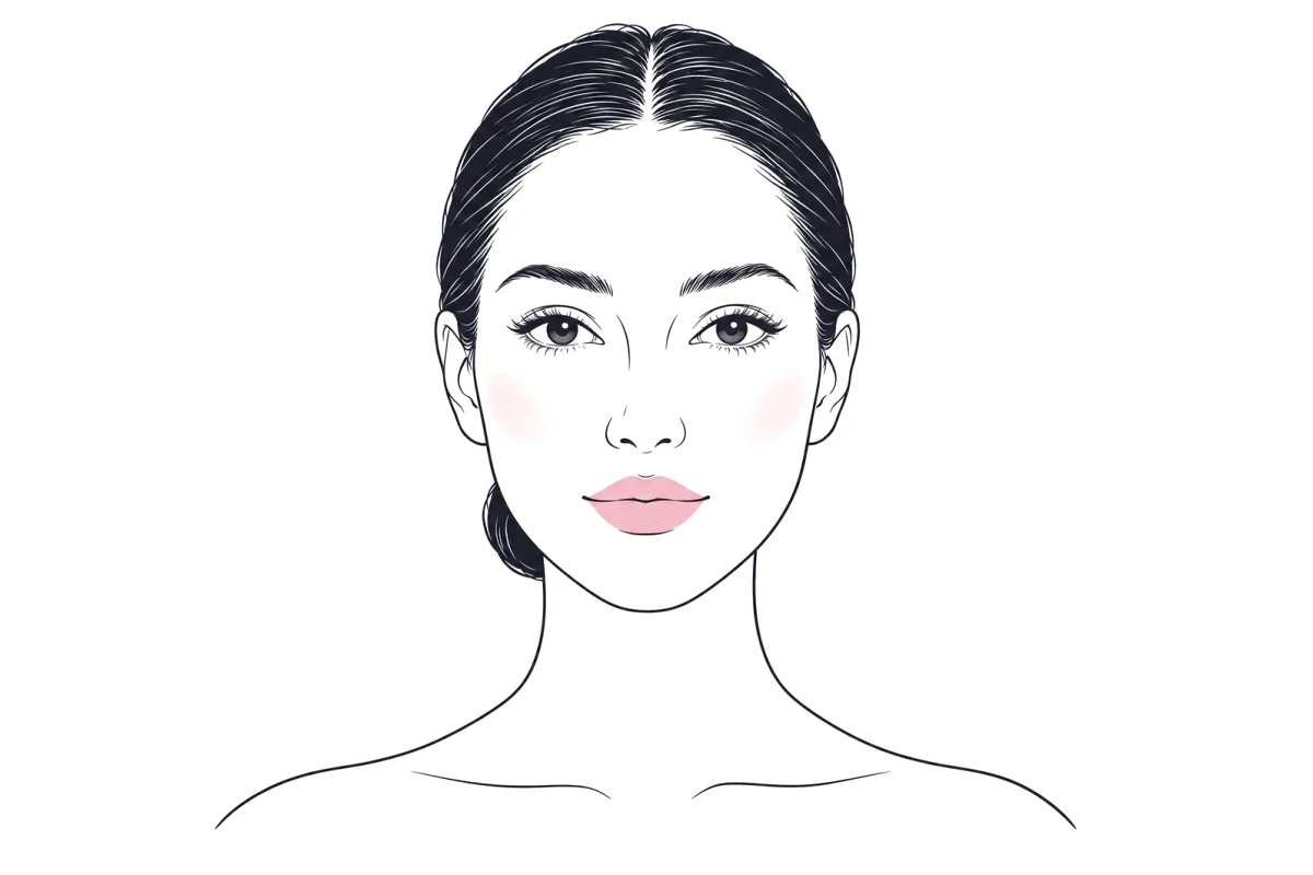 Line illustration of a woman with an oval face, hair pulled back to show the outline: widest at the cheekbones, a slightly narrower forehead, a softly rounded jaw, and a face about one and a half times as long as it is wide.