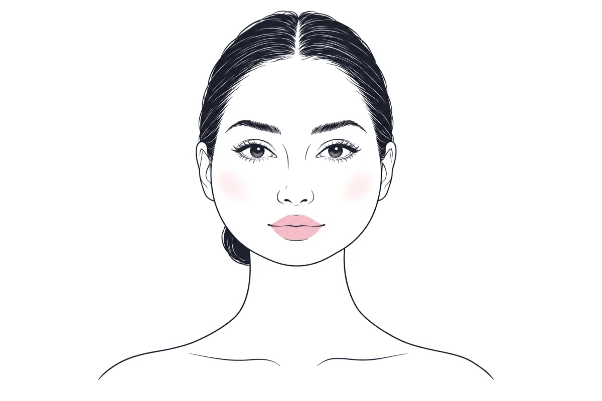 Line illustration of a woman with a round face, hair pulled back to show the outline: about as wide as it is long, with full cheeks as the widest part and a soft jaw with no corners.