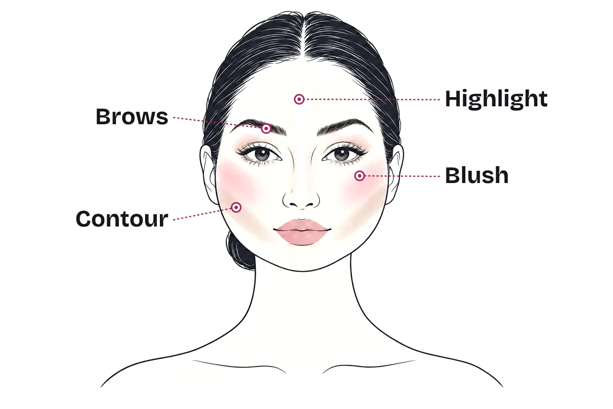 Makeup placement map on a round face: brows with a higher arch, highlight down the center of the face, contour in a diagonal under the cheekbones, and blush lifted above the apples toward the temples.