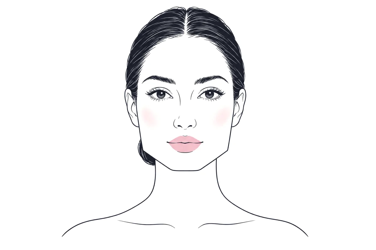 Line illustration of a woman with a square face, hair pulled back to show the outline: forehead, cheekbones and jaw of similar width, with a straight jawline and defined jaw corners.