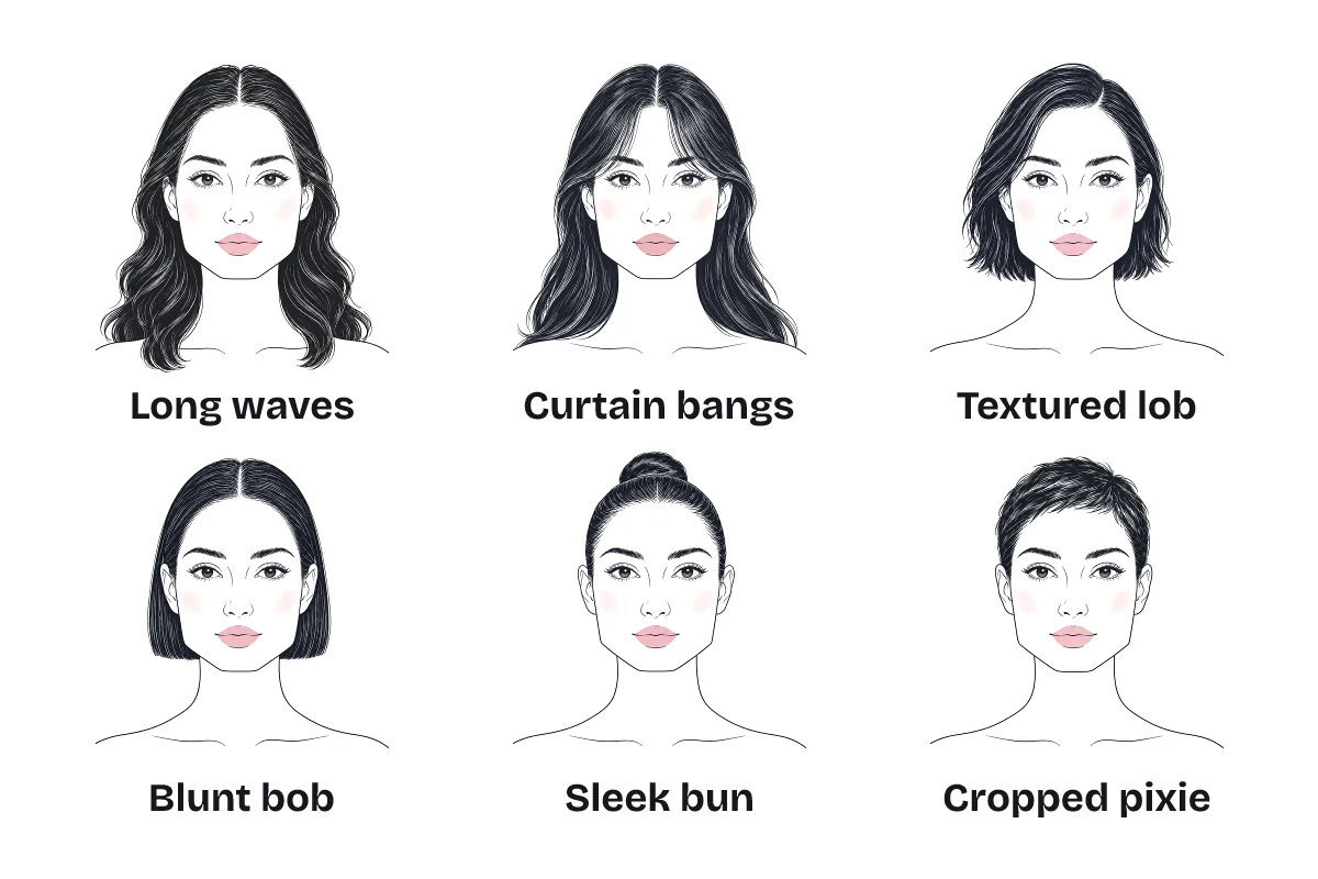 Six hairstyles drawn on the same square-faced woman, labeled: long waves, curtain bangs and a textured lob that soften the angles, then a blunt bob, sleek bun and cropped pixie that show them off.