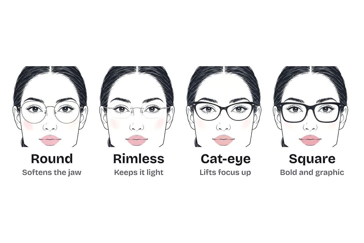 Four eyeglass frame shapes on the same square-faced woman, labeled: round softens the jaw, rimless keeps it light, cat-eye lifts focus up, and square is bold and graphic.