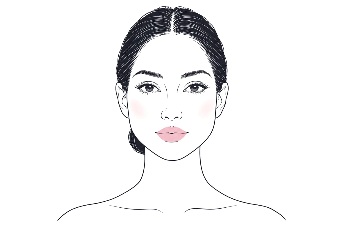 Line illustration of a woman with a triangle face, hair pulled back to show the outline: a narrower forehead and a full jaw that is the widest part of the face.