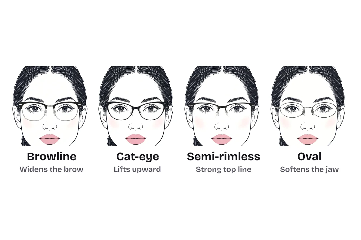Four eyeglass frame shapes on the same triangle-faced woman, labeled: browline widens the brow, cat-eye lifts upward, semi-rimless gives a strong top line, and oval softens the jaw.
