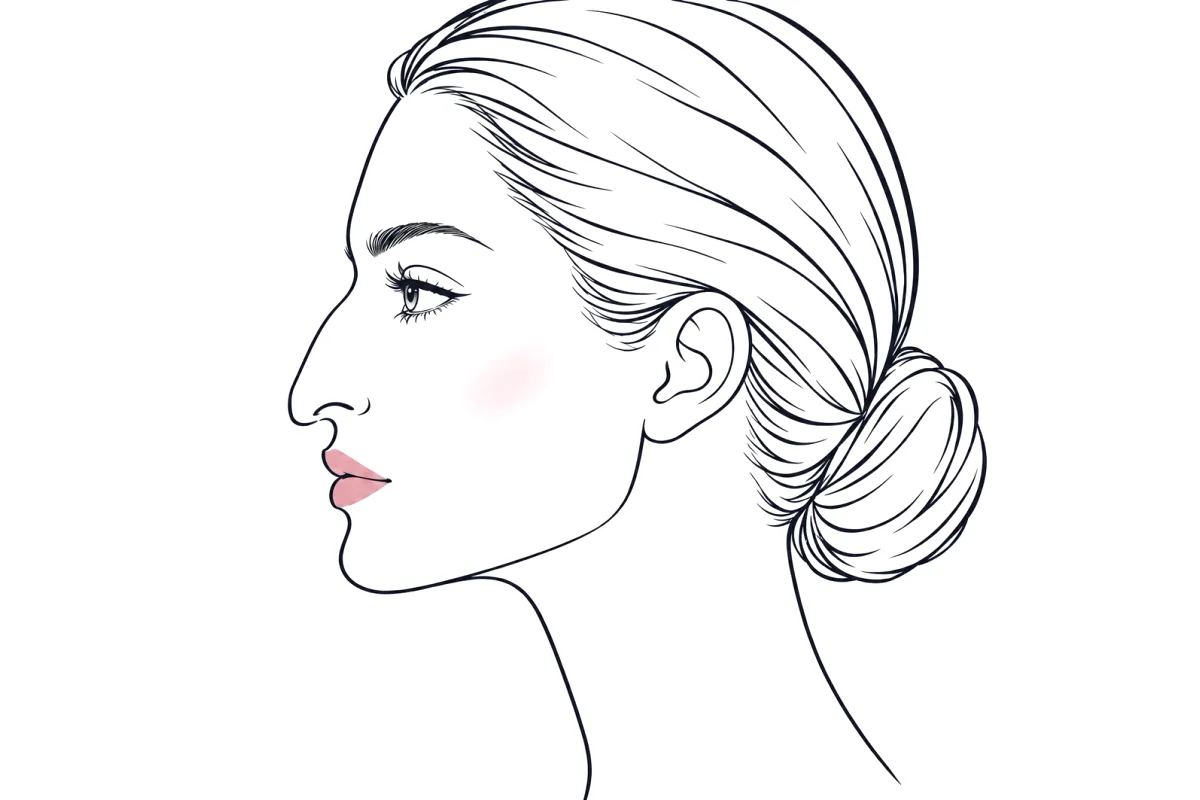 Side-profile line illustration of a woman with an aquiline nose: a pronounced outward curve along the bridge and a tip that points slightly down.