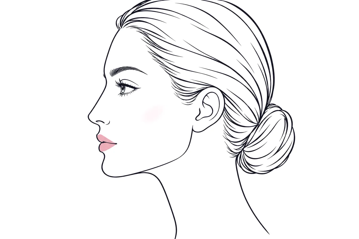 Side-profile line illustration of a woman with a Greek nose: a straight bridge from between the brows to a forward-pointing tip.
