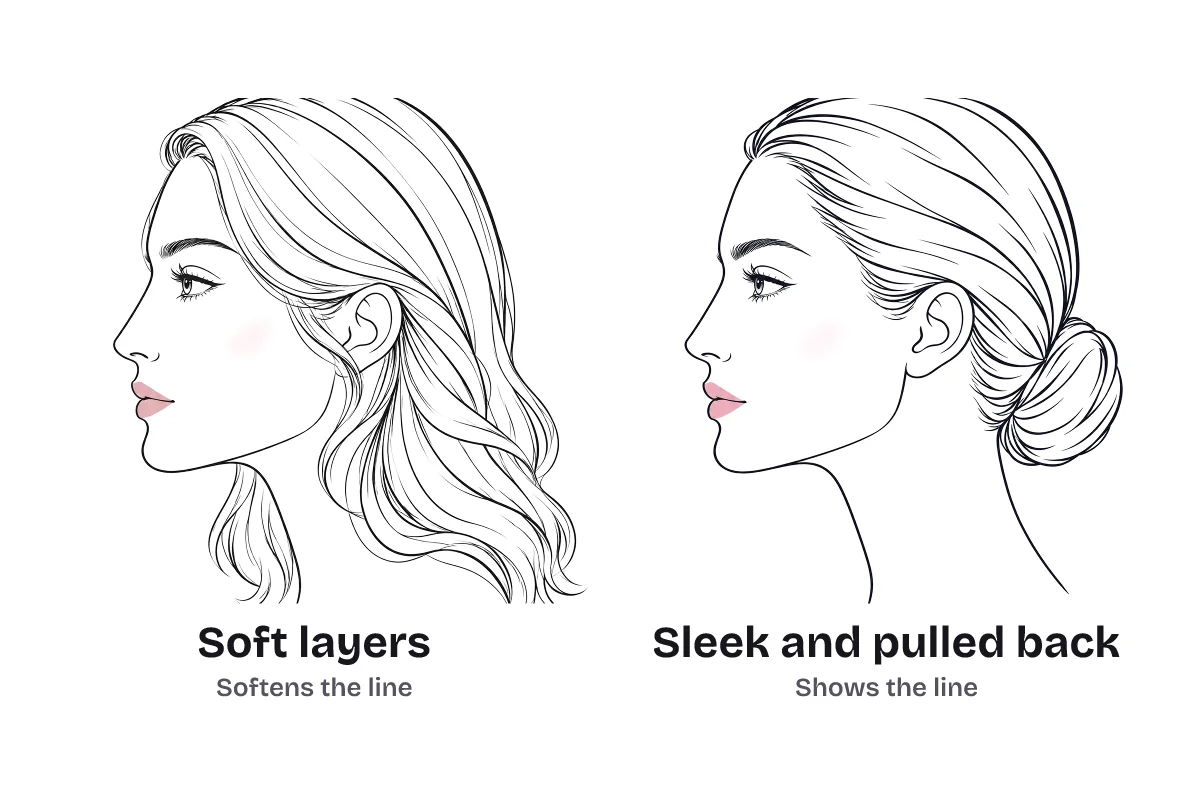 The same woman with a straight nose shown twice in profile: with soft face-framing layers, which soften the line, and with sleek pulled-back hair, which shows it.
