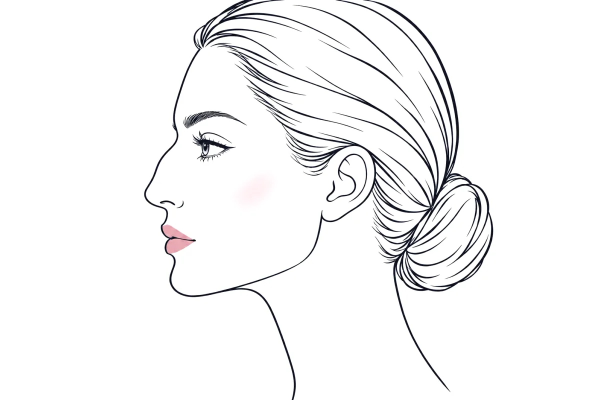 Side-profile line illustration of a woman with a Roman nose: a prominent bridge with a gentle outward curve and a tip that points forward.